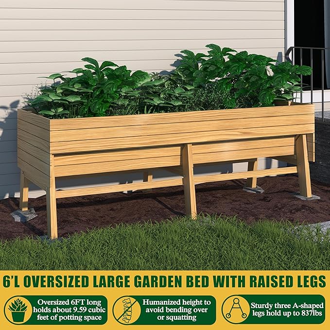 MUPATER Outdoor 6x3x2FT Cedar Raised Garden Bed for Vegetables with 6 Legs 837lbs Large Elevated Garden Planter Box with Liner Design for Herbs and Flower Natural