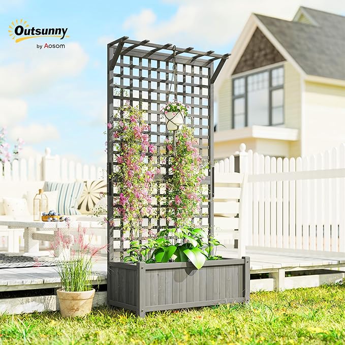 Outsunny Wood Planter with Trellis Raised Garden Bed for Climbing Plants w/Drainage Holes and Roof 35.5 x 17.75 x 72 Dark Gray