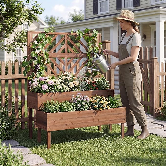 Giantex Raised Garden Bed with Trellis 2-Tier Standing Planter Box with Legs and Drain Holes Outdoor Elevated Garden Trellis for Vine Climbing Flower Vegetable Fruit Herb Growing Coffee Brown