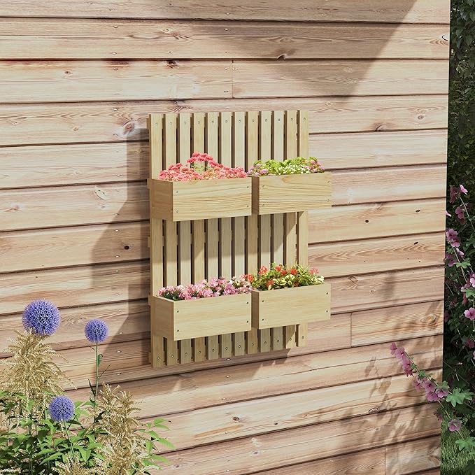 Outsunny 4 Box Raised Garden Bed with Trellis for Vine Flowers &amp Climbing Plants 31.5 Tall Wall-Mounted Wood Planter Box Set with Adjustable Height Drainage Hole Natural