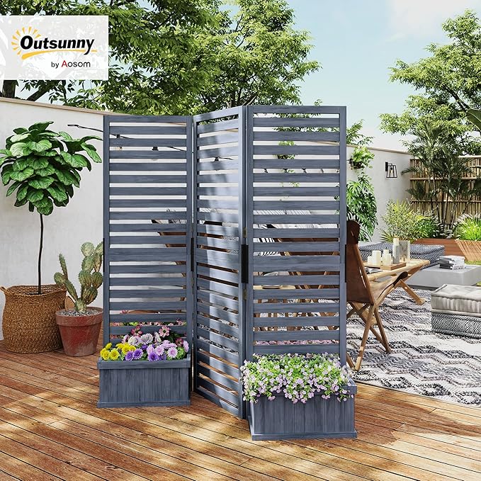 Outsunny Freestanding Outdoor Privacy Screen 4 Self-Draining Planters/Raised Garden Beds 3 Hinged Panels for Hot Tub Patio Backyard Deck Gray