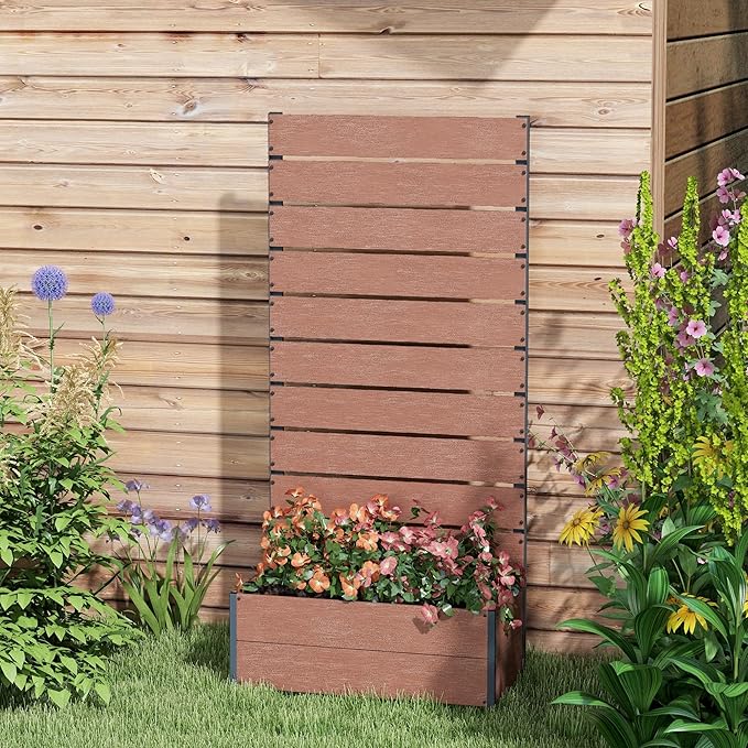 Outsunny Raised Garden Bed with Trellis for Climbing Plants Planter Box with Self Draining Gap Freestanding Trellis Planter for Outdoor Patio Deck 28.25 x 15 x 59 Brown