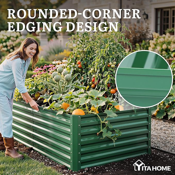 YITAHOME 6pcs 6x3x2 ft Galvanized Raised Garden Bed Kit Large Metal Planter Box with Gloves &amp Support Rod Outdoor Flower Bed for Plants Vegetables Green