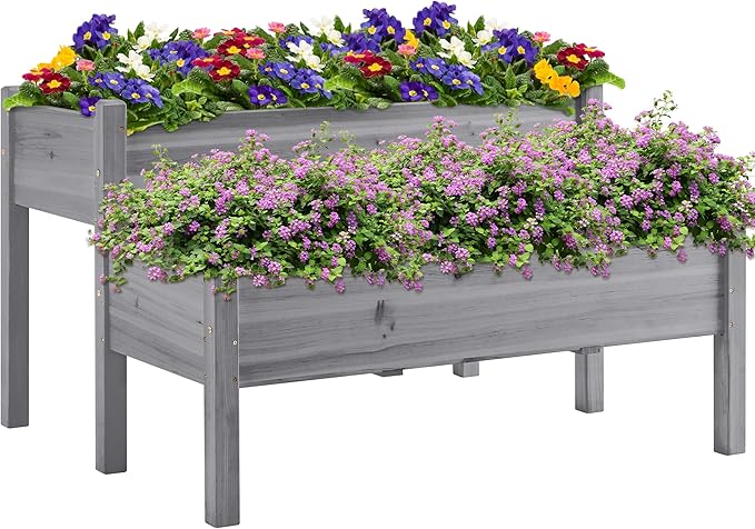 Topeakmart 2-Tier Elevated Stand Raised Bed Planting Planter Bed Box for Flower Vegetable Gardening Outdoor Gray