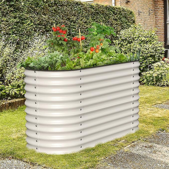 Olle 4-Style Modular Galvanized Raised Garden Beds Outdoor Easy Quick Setup 17 Tall 4-in-1 Metal Planter Boxes Outdoor for Flowers Vegetables Fruits Herbs DIY Gardening Ivory