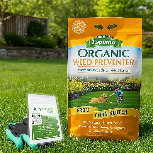 MYGP Organic Weed Preventer 25 lb – Natural Lawn Fertilizer &amp Weed Control – Corn Gluten Meal Granules – Includes Gardening Claw Gloves &amp Soil pH Test Strips – Covers 1250 sq ft