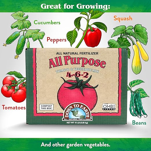 Down To Earth All Natural Fertilizers Organic All Purpose Tomato &amp Vegetable Mix - Plant Food for Tomatoes Peppers Herbs and Flowers 4-6-2 15 lb