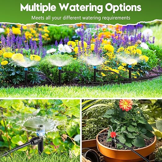 110FT Drip Irrigation System for Garden Quick-Connect Automatic Garden Watering System with 1/2 &amp 1/4 Tubing and Accessories - Adjustable Sprinklers Kit for Greenhouse Yard Lawn Raised Bed