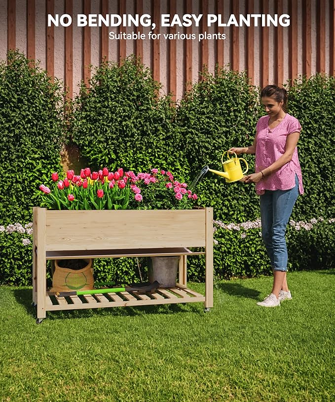 GarveeHome Raised Garden Bed with Legs 48x24x30 in Mobile Elevated Wooden Raised Planter Box with Wheels Storage Shelf Outdoor Standing Growing Bed for Vegetables Flower Herbs