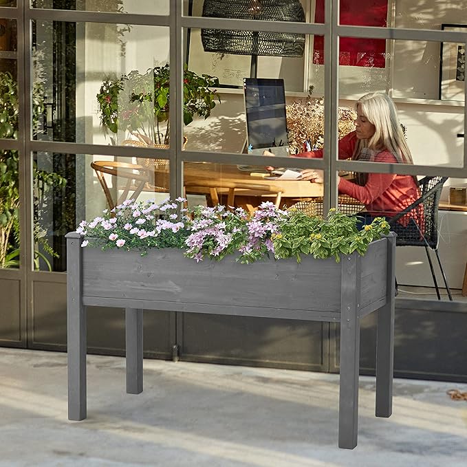 Raised Garden Bed with Legs Elevated Wooden Planter Box for Outdoor Plants KH378