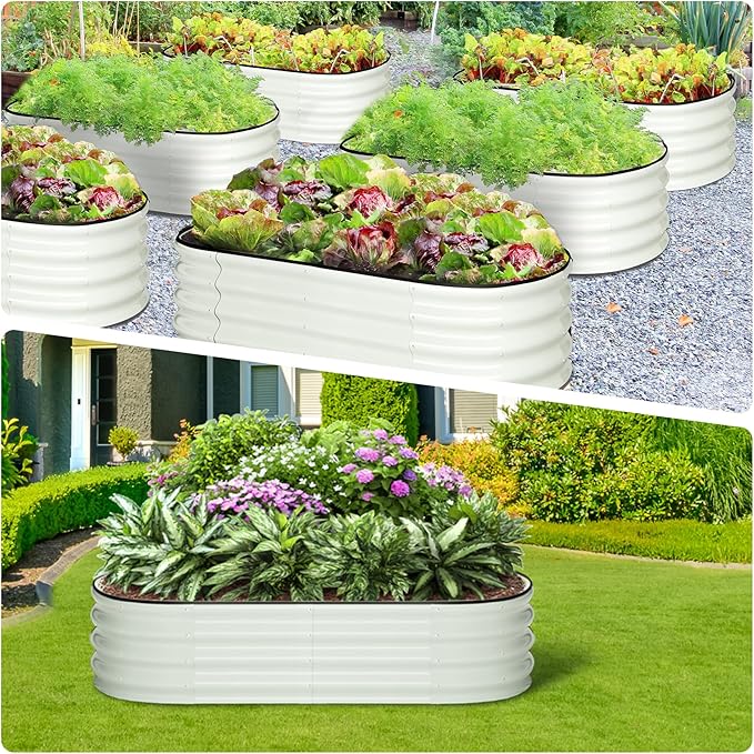 IDEALHOUSE 2-Pack Oval Galvanized Raised Garden Bed – 4.5x2x1 FT Rust-Resistant Metal Planter Boxes with Open Bottom Design Planter Raised Boxes for Vegetables Flowers &amp Fruits White