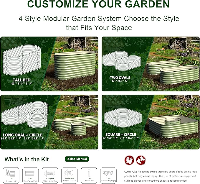 Olle 4-Style Modular Galvanized Raised Garden Beds Outdoor Easy Quick Setup 17 Tall 4-in-1 Metal Planter Boxes Outdoor for Flowers Vegetables Fruits Herbs DIY Gardening Sage Green
