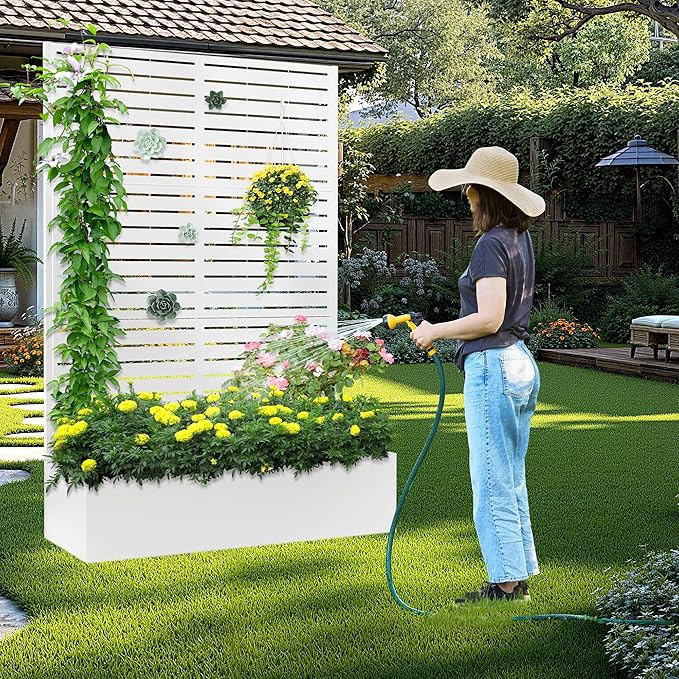 Metal Raised Garden Bed with Trellis 2 in 1 Trellis with Planter Box &amp Privacy Screen for Climbing Plants Vine Outdoor Standing Flower Beds with Drainage Holes 47 L x 16 W x 71 H White