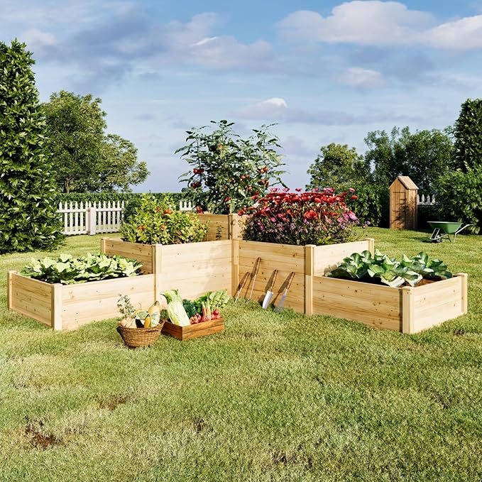 AMERLIFE 3-Tier Raised Garden Bed for Outdoor Gardening Fir Wood Planter Box with Dividers Tool-Free Assembly Garden Box Perfect for Vegetables Herbs and Flowers