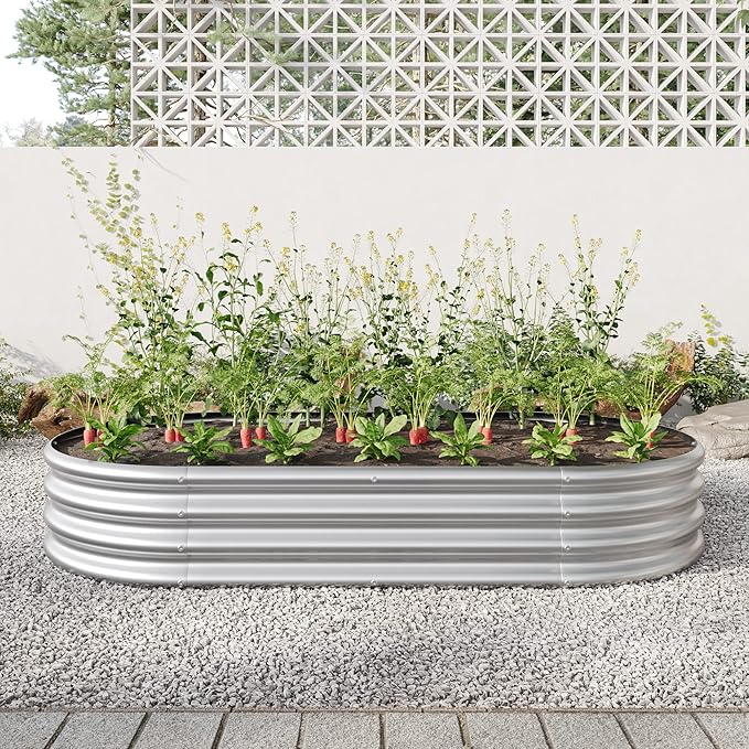 Raised Garden Bed Outdoor Oval Large Metal Raised Planter Bed for for Plants Vegetables and Flowers Silver