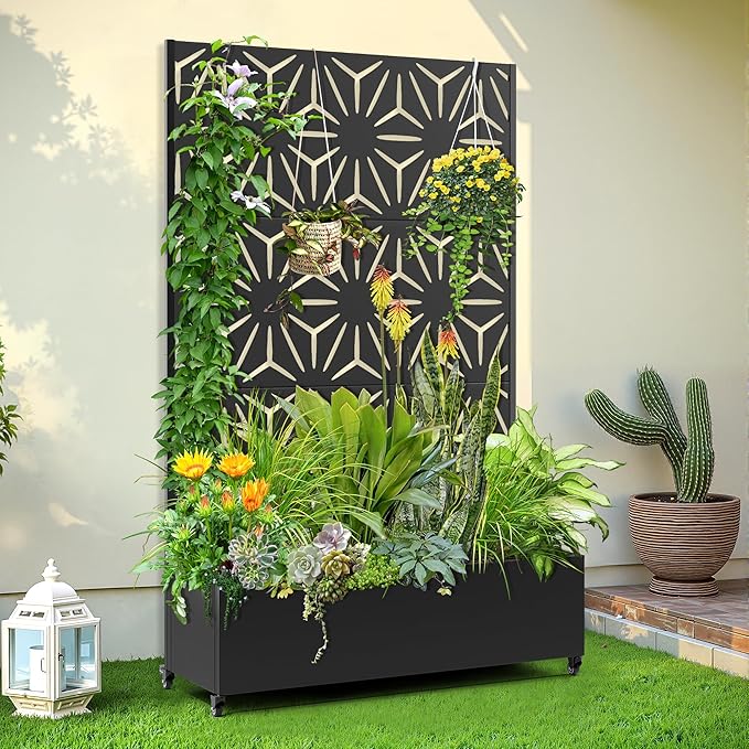 Raised Garden Bed with Trellis and Wheels73x47x16 Metal Raised Garden BedBlack Star Metal Planter with Climbing Trellis for Vines &amp Vegetables