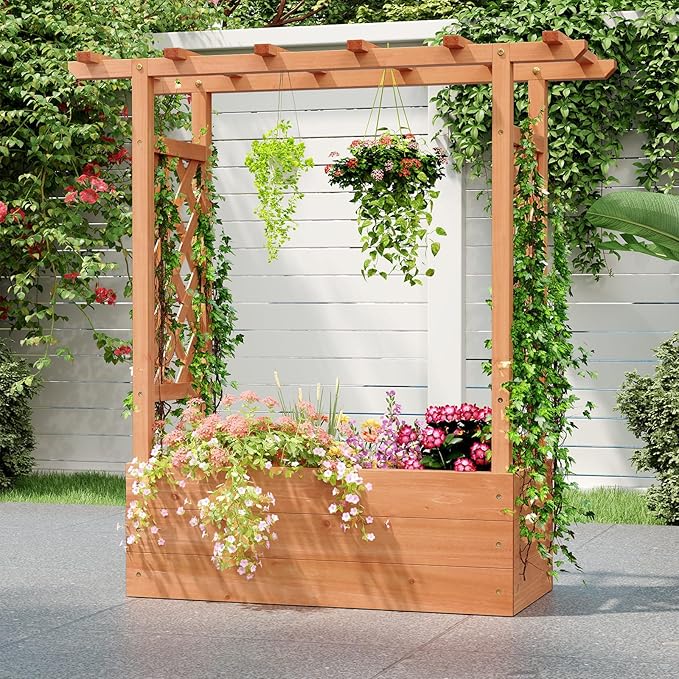 HOMGX Raised Garden Bed with Trellis Vertical Garden Planter w/Drainage Holes for Climbing Vines Roses Tomatoes Tiered Flower Stand for Flowers Herbs Climbing Vines