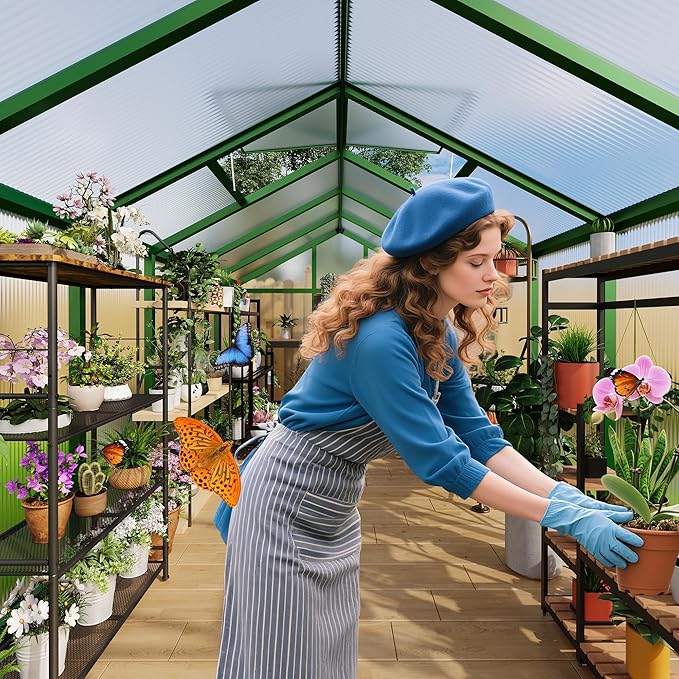 6X8 FT Greenhouse Greenhouses for Outside Aluminum Frame Polycarbonate Panels with Sliding Lockable Door and Ajustable Roof Vent Spacious Walk-in Design for Backyard Garden Patio Green