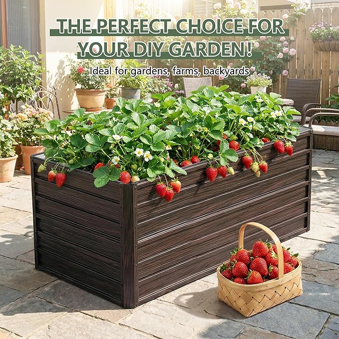Galvanized Raised Garden Beds 6x3x2FT Outdoor Planter Boxes with Safety Edging and Gloves Metal Garden Bed Kit for Vegetables Flower and Fruits (Brown Wood Grain