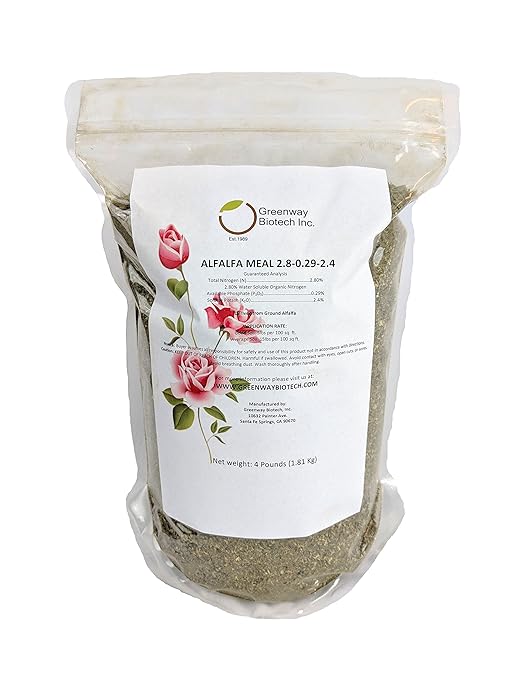 Greenway Biotech Organic Alfalfa Meal Fertilizer 2.5-0-2.5 | Rose &amp Vegetable Plant Food with Triacontanol Growth Stimulant | Non-GMO Phosphorus-Free | 4 Pounds