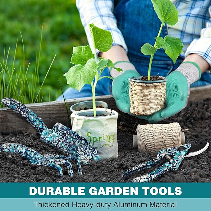 WORKPRO 5PCS Garden Tool Set Aluminum Heavy Duty Gardening Tool Set with Garden Tool Bag Outdoor Garden Hand Tools Floral Blue