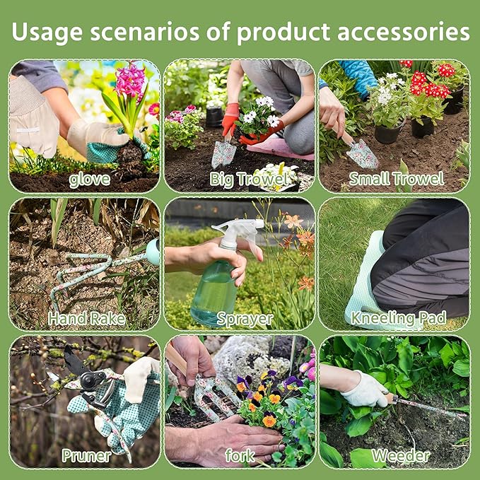 10-Piece Floral Garden Tools Set with Tote Bag Heavy Duty Gardening Kit with Pruning Shears Trowels Rake Sprayer Kneeling Pad &amp Gloves - Gift for Women Gardener Mother's Day