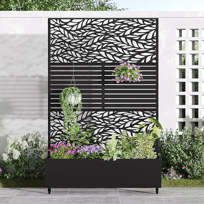Casaphoria Metal Raised Garden Bed with Trellis and Wheels 72x47x16 Planter Box for Climbing Plants Vegetables &amp Vines Features Drainage Holes and Privacy Screen Black(Spring&ampLouvered)