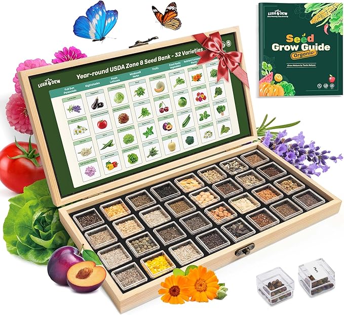 USDA Zone 8 Heirloom Seed Bank 30000+ Non-GMO 32 Varieties of Seeds for Planting Vegetables Herbs Survival Seed Kit for Raised Garden Bed Greenhouse Gardening Gifts for Mom Women Men