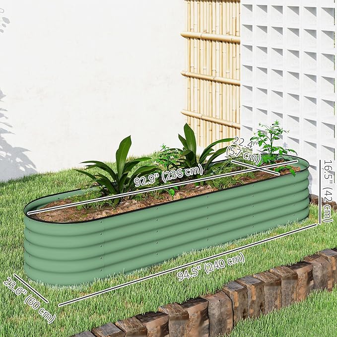 Outsunny 8' x 2' x 1.4' Galvanized Raised Garden Bed Kit Outdoor Metal Elevated Planter Box with Safety Edging Easy DIY Stock Tank for Growing Flowers Herbs &amp Vegetables Green