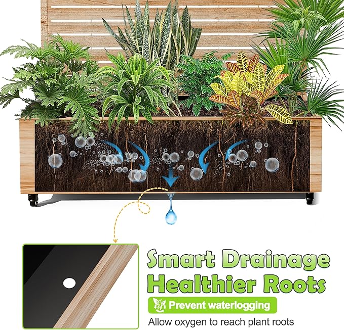 Metal Trellis Planter Box for Climbing Plants Large Raised Garden Bed with Trellis and Wheels 47 L Standing Privacy Planter for Patio with Drainage Holes (Acacia Wood Grain Louvered)