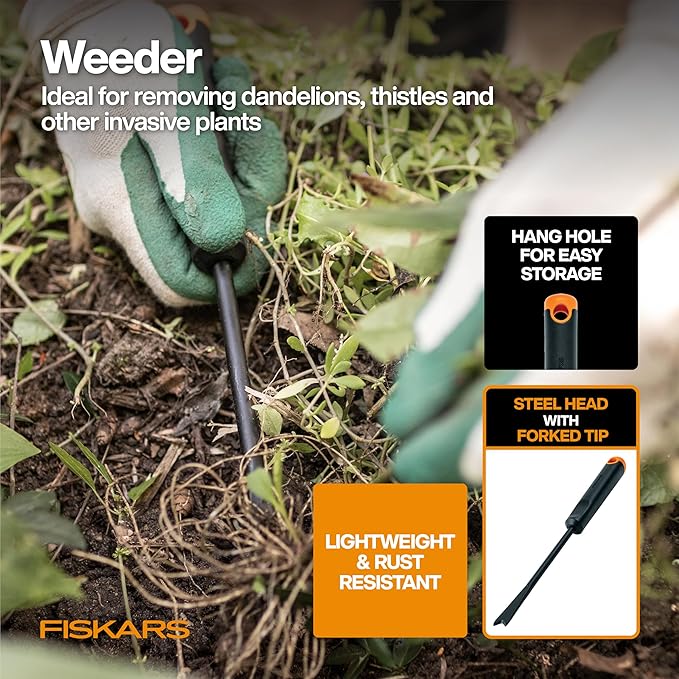 Fiskars Vegetable Gardening Essentials 6-Piece Tool Set for Cultivating Serrated Stainless Steel Shears &amp 4-in-1 Seed Sower for Planting Rust-Resistant Steel Trowel Cultivator Weeder L/XL Glo