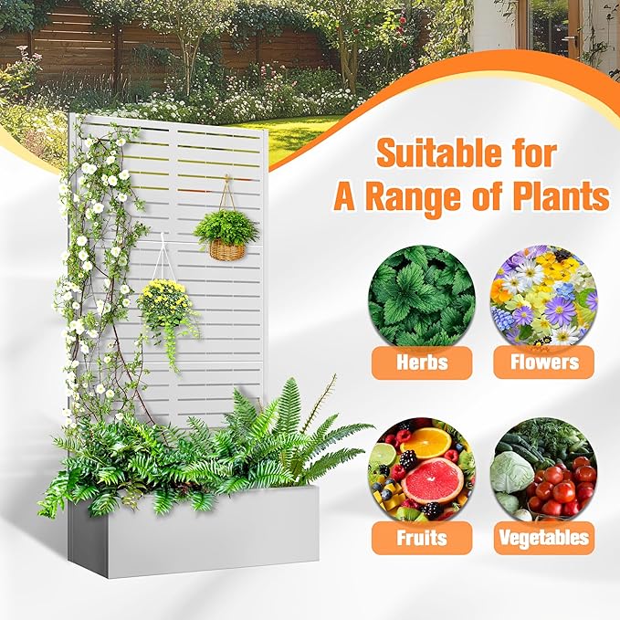Metal Planter Box with Trellis Raised Garder Bed with Drainage Hole Privacy Screen &amp Trellis for Climbing Plants Outdoor Plant Stands 35''L×16''W×71''H White