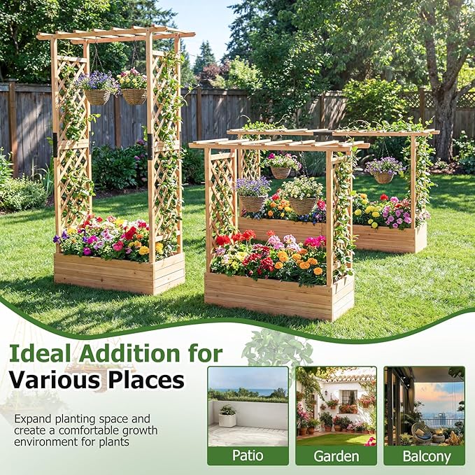 HAPPYGRILL Raised Garden Bed with Trellis &amp Hanging Roof 45 Tall Wooden Planter Box with Drainage Holes Outdoor Wood Elevated Garden Bed for Climbing Plants Vines Vegetables Flowers (Natural1)