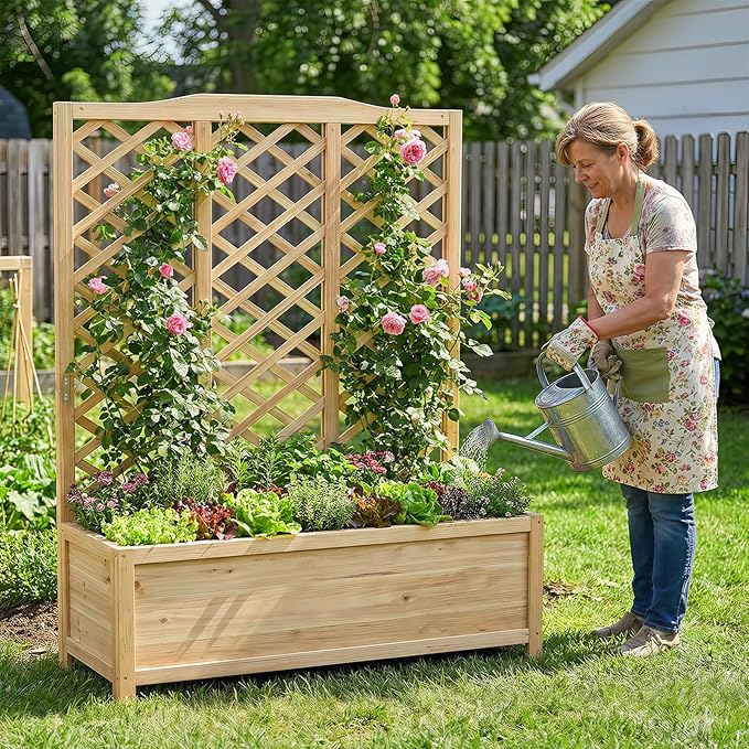 SUNYRISY Raised Garden Bed with Trellis for Climbing Plant Outdoor 59x44x16 Wooden Vertical Planter Box with Privacy Screen for Gardening Vine Flowers Vegetables