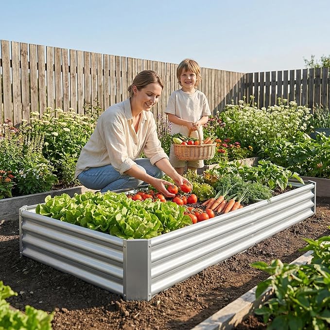 Metal Raised Garden Bed 8x4x1 ft Rectangle Planter Box Rust-Resistant Galvanized Steel with Open Base Design Quick Assembly for Vegetables Flowers and Plants (Silver)