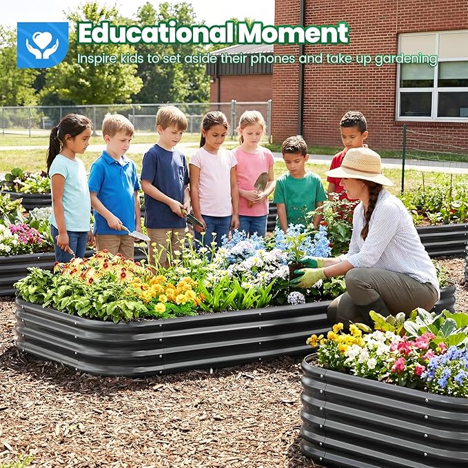 Quictent Galvanized Raised Garden Bed Kit 8x4x1 ft Oval Metal Planter Box for Vegetables Strengthened by Crossbar Dark Gray 2PCS