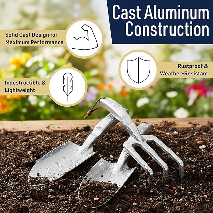 Hand Gardening Tools 3 Pack with Cultivator Hand Rake Transplanting Shovel and Garden Trowel for Planting - Heavy Duty Cast Aluminum Garden Tool Set with Ergonomic Handles by Kings County Tools