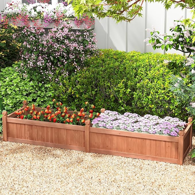 Giantex Wood Raised Garden Bed Planting Bed with Corner Drainage Non-Woven Liner for Growing Vegetables Flowers Herbs Fruits 89”x23.5”x16” Divisible Planter Box for Backyard Garden Lawn