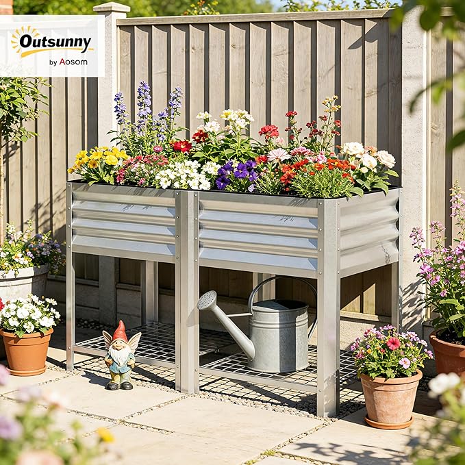 Outsunny Galvanized Steel Raised Garden Bed with Storage Shelf and Bed Liner Elevated Planter Box with Legs for Flowers Vegetables and Herbs for Outdoor Patio Yard Glove Included Silver