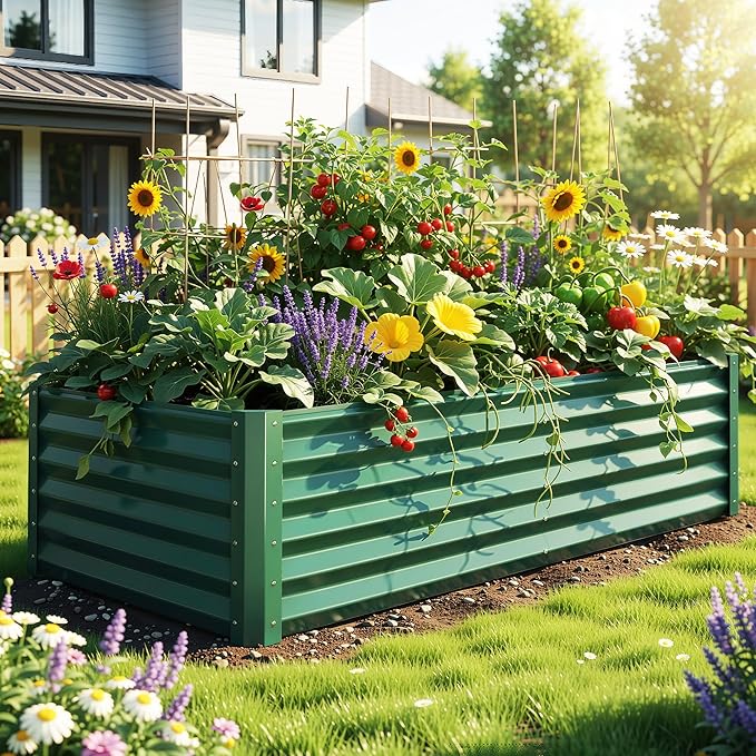 YITAHOME 6x3x1.5 ft Galvanized Raised Garden Bed Kit Large Metal Planter Box with Gloves &amp Support Rod Outdoor Flower Bed for Plants Vegetables Green
