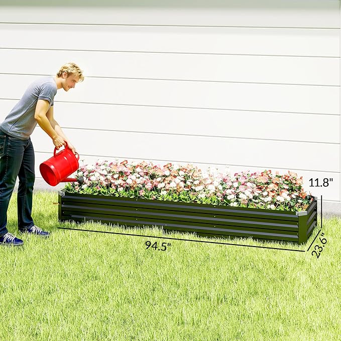 Outsunny 8 x 2 x 1ft Galvanized Raised Garden Bed Kit Outdoor Metal Elevated Planter Box with Safety Edging Large Raised Bed for Growing Flowers Herbs and Vegetables Dark Gray