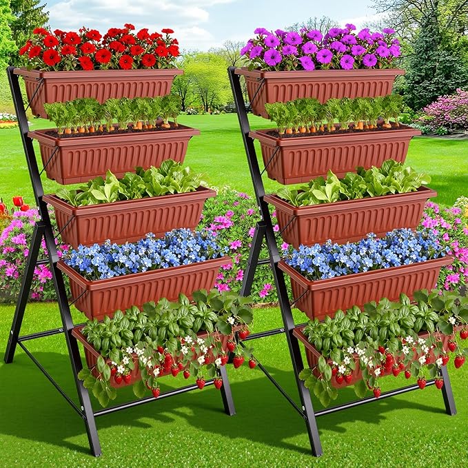 Homdox 2 Pack Elevated Garden Bed 5-Tier Freestanding Vertical Raised Bed for Gardening 5 Garden Planter Boxes and 5 Hooks Perfect to Grow Vegetables Herbs Flowers Outdoor Indoor Brick Red