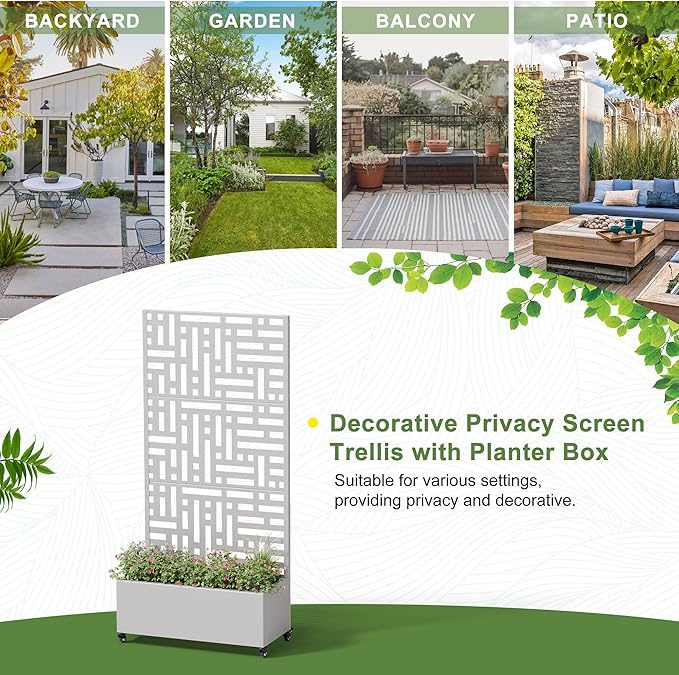 Casaphoria Metal Raised Garden Bed with Trellis and Wheels 72x35x16 Planter Box for Climbing Plants Vegetables &amp Vines Features Drainage Holes and Privacy Screen (Grey-Helen)