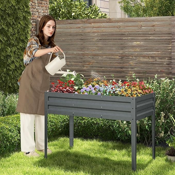 HAPPYGRILL Raised Garden Bed Galvanized Garden Box with Legs Drainage Holes 2 Gloves Outdoor Planter Box for Garden Backyard &amp Patio 46”x 24” x 32” Grey