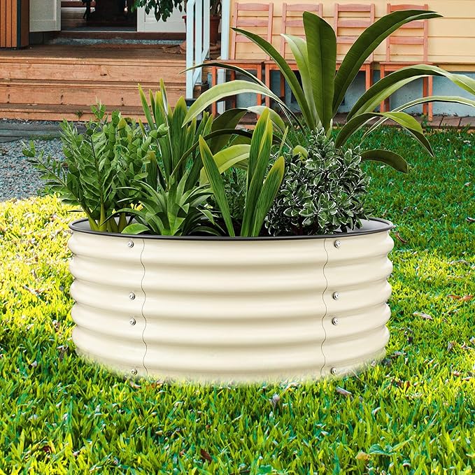 17'' Tall Round Raised Garden Bed Kit Outdoor Zinc-Aluminum-Magnesium Metal Flower Beds Stainless Steel Patio Ground Planter for Planting Vegetables (Ivory)
