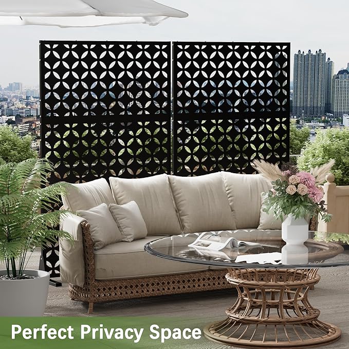 Cofar Metal Privacy Screen Outdoor 72 H×44 W -Black Freestanding Outdoor Privacy Panels with Stand Decorative Fence for Patio Deck Balcony（Clover）