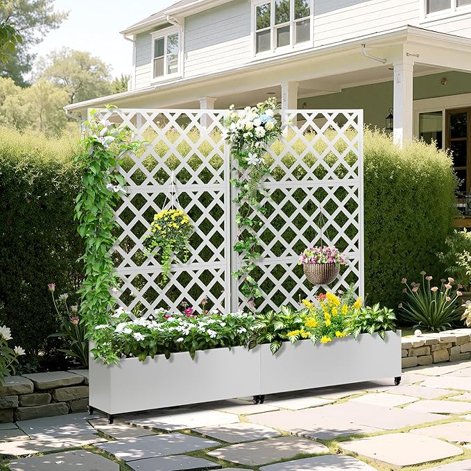 Metal Planter Box with Trellis &amp Wheels Raised Garden Bed with Privacy Screen Outdoor Standing Flower Beds with Drainage Hole for Climbing Plants Vine 35.4 L x 15.7 W x 70.9 H White
