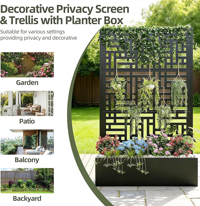 Metal Planter with Trellis 70 x 43.3 x 16 Metal Raised Garden Bed Planter Box with Trellis Privacy Screen Planter Box for Climbing Plants Flowers Vegetables Fruits (1)