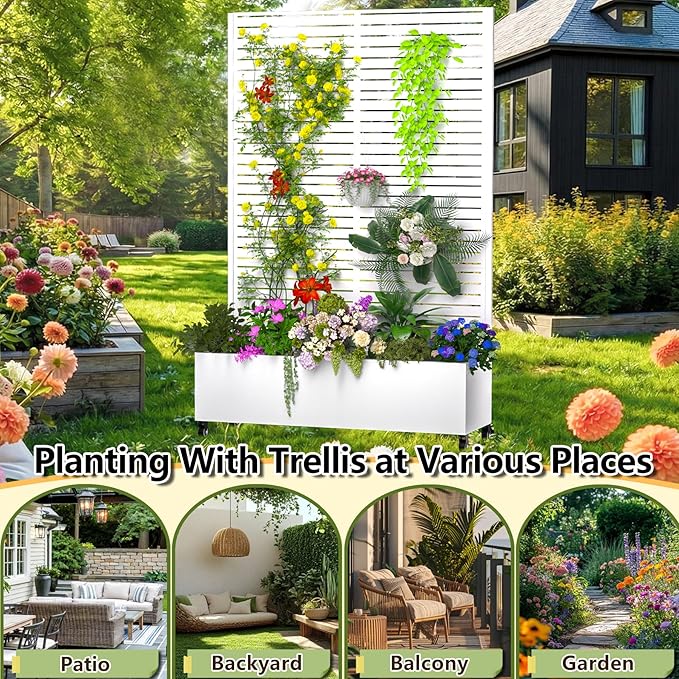 Metal Planter Box with Trellis 72.1x47.2x16 Outdoor Galvanized Raised Garden Bed with Privacy Screen &amp Drainage Holes &amp Lockable Casters for Climbing Plants Vegetable (White-Louvered)