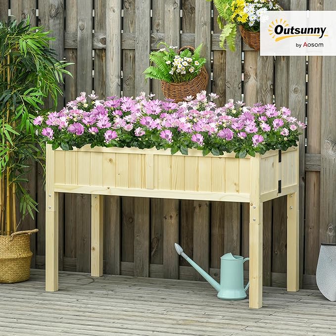 Outsunny Raised Garden Bed Elevated Wooden Planter Box with Space-Saving Folding Design Drainage Holes &amp Inner Liner for Vegetable Fruit Herb Grow